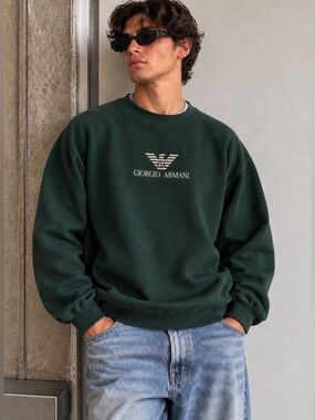 Vintage Giorgio Armani Green Logo Crewneck Sweatshirt Men’s L Y2K